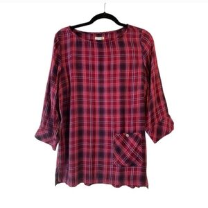 J. Jill Women’s 3/4 Sleeve Fall Burgundy Plaid Light Weight Flowy Crew Blouse- M